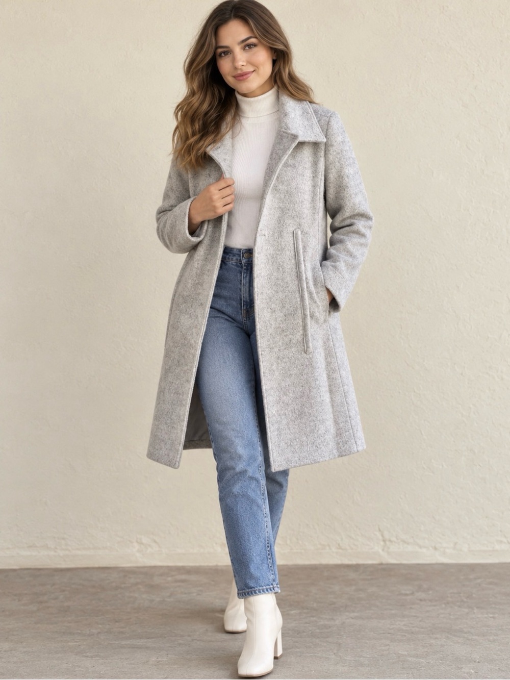 Andrew Marc Light Gray Wool-Blend Mid-Length Trench Coat